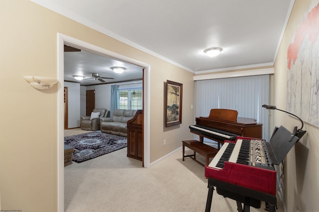 misc room with crown molding and light carpet