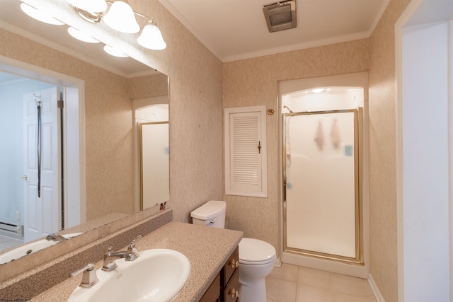 bathroom with vanity, an enclosed shower, and crown molding