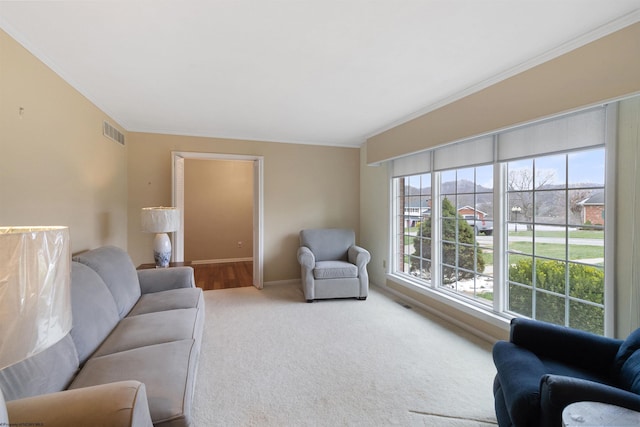 living room featuring carpet flooring and crown molding