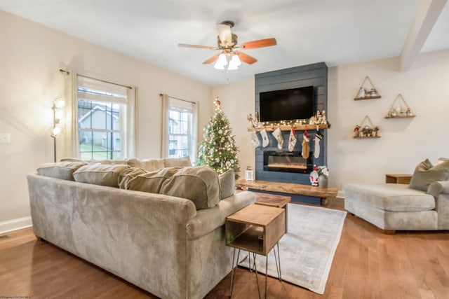 living room featuring ceiling fan, a large fireplace, and wood-type flooring