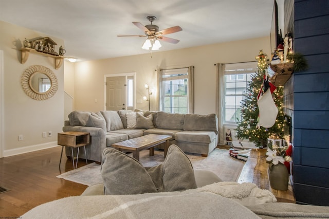 living room with ceiling fan and hardwood / wood-style floors