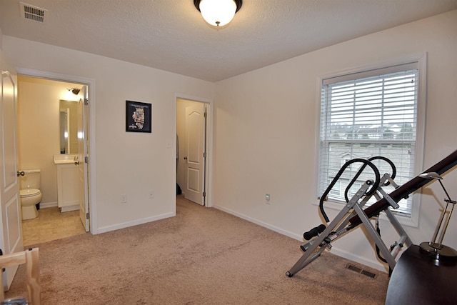 workout area with light colored carpet and a textured ceiling