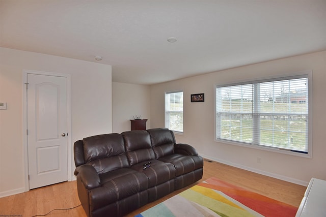 living room with a healthy amount of sunlight and light hardwood / wood-style floors