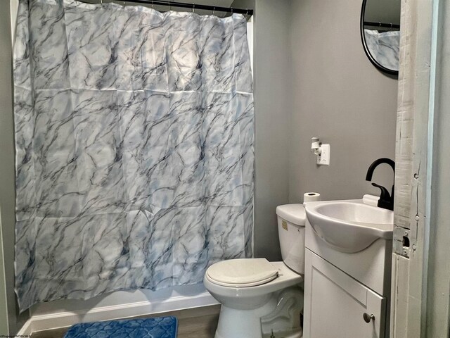 bathroom featuring vanity, wood-type flooring, and toilet