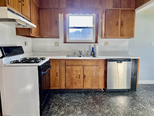 kitchen featuring stainless steel dishwasher, white range with gas cooktop, and sink