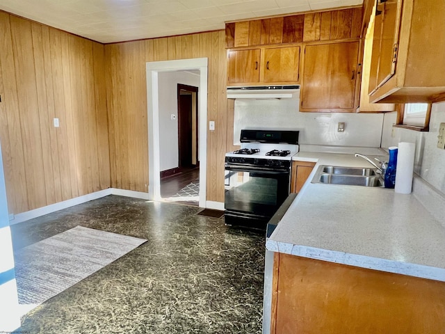 kitchen with wooden walls, gas range gas stove, and sink