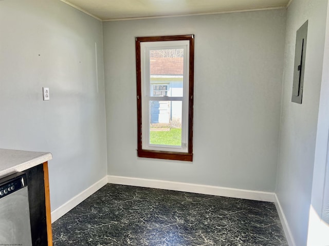 unfurnished dining area featuring electric panel