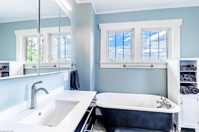 bathroom featuring a bathing tub, vanity, and ornamental molding