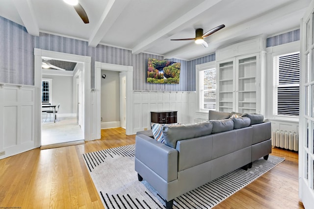 living room featuring beam ceiling, radiator, ceiling fan, and light wood-type flooring