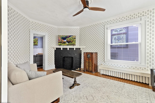 living room featuring radiator, ornamental molding, ceiling fan, hardwood / wood-style flooring, and a fireplace