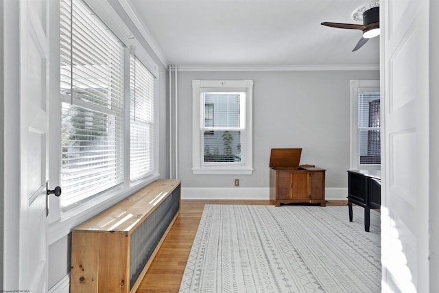 living area featuring hardwood / wood-style flooring, ceiling fan, and crown molding