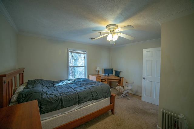 bedroom with light carpet, radiator heating unit, ceiling fan, and crown molding