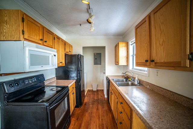 kitchen featuring sink, dark hardwood / wood-style flooring, electric panel, crown molding, and black appliances