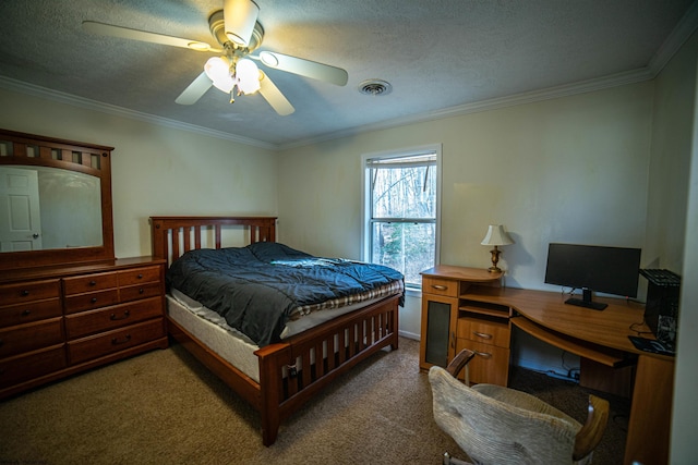 bedroom featuring ceiling fan, crown molding, carpet floors, and a textured ceiling