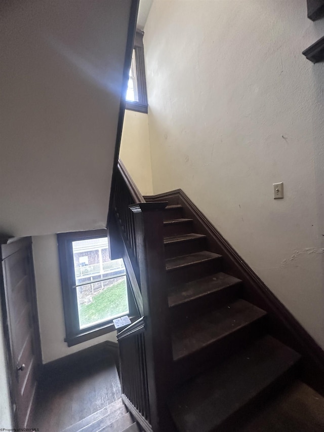 stairway with wood finished floors