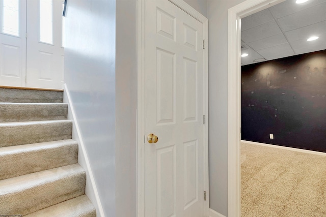 staircase featuring carpet flooring