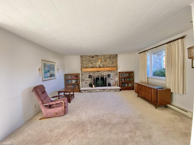 carpeted living room featuring a fireplace and a baseboard heating unit