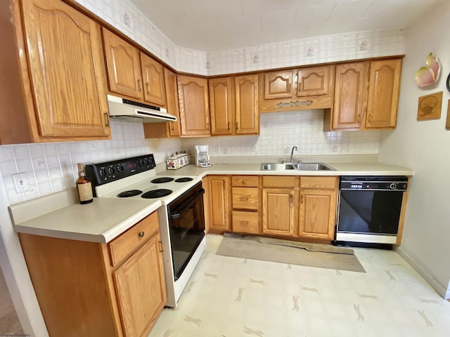 kitchen featuring electric stove, decorative backsplash, dishwasher, and sink