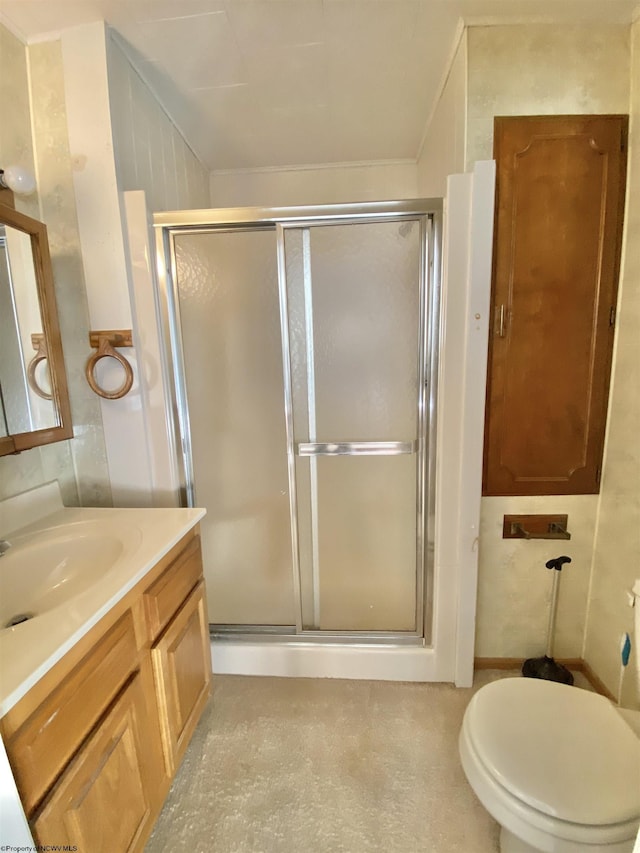 bathroom featuring vanity, toilet, and a shower with door