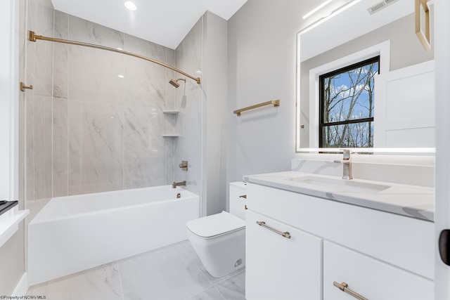 bathroom with visible vents, toilet, marble finish floor, vanity, and shower / bathing tub combination