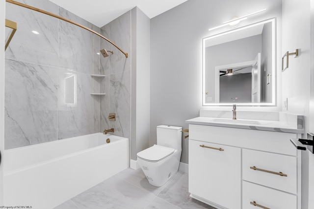 bathroom with bathtub / shower combination, vanity, toilet, and marble finish floor