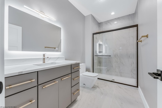 bathroom featuring marble finish floor, vanity, a marble finish shower, and toilet