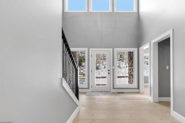 foyer entrance with plenty of natural light, light hardwood / wood-style flooring, and a high ceiling