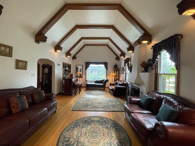 living room with high vaulted ceiling and light hardwood / wood-style floors