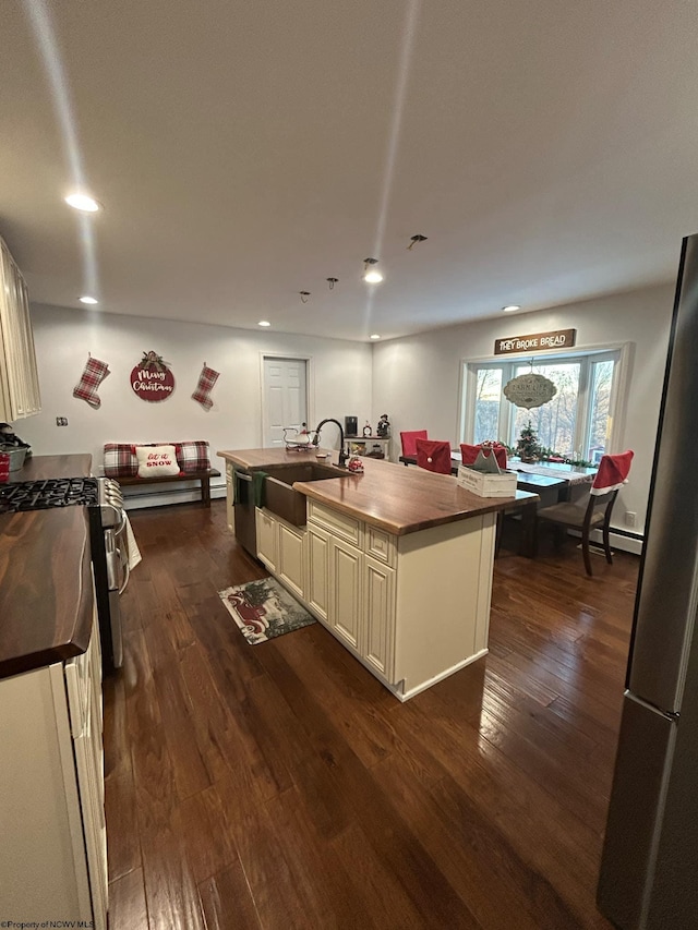 kitchen with stainless steel appliances, dark hardwood / wood-style floors, a kitchen island with sink, and sink