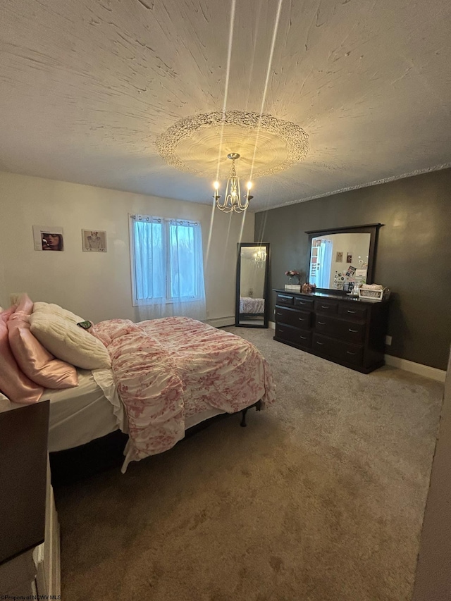 carpeted bedroom featuring a chandelier and a textured ceiling