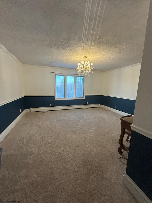 empty room with carpet, an inviting chandelier, ornamental molding, a textured ceiling, and a baseboard radiator