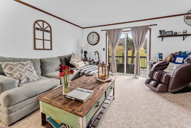 living room featuring carpet flooring and ornamental molding