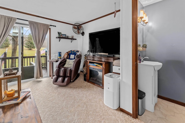 living room with light colored carpet, ornamental molding, and sink