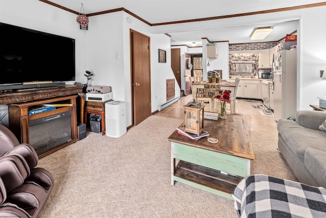 living room with a baseboard heating unit, light colored carpet, and crown molding