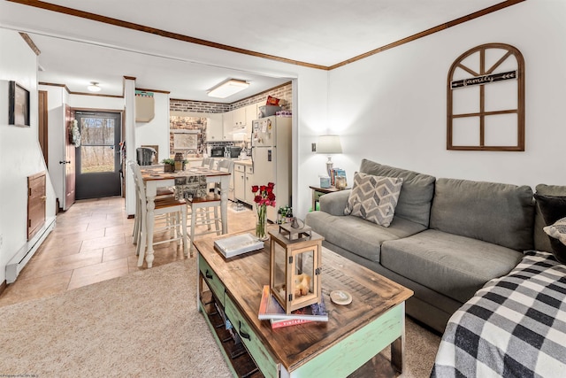 living room featuring light tile patterned floors, crown molding, and a baseboard radiator