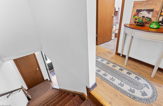 stairs featuring hardwood / wood-style flooring