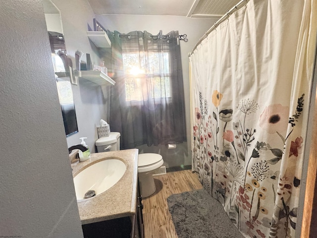 bathroom with a shower with curtain, toilet, vanity, and hardwood / wood-style flooring