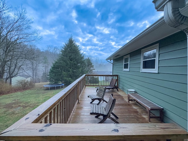 wooden terrace with a trampoline and a lawn