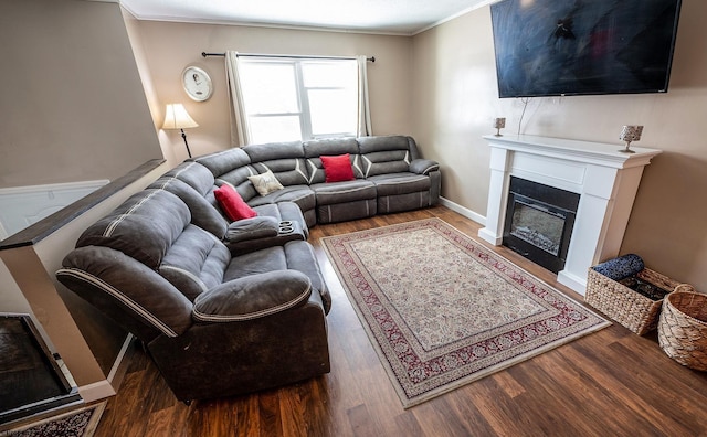 living room featuring crown molding and dark wood-type flooring