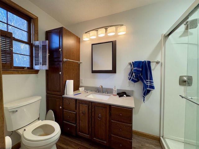 bathroom featuring vanity, hardwood / wood-style flooring, toilet, and walk in shower