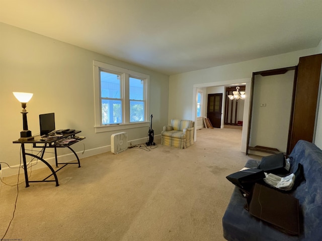 living area featuring light carpet