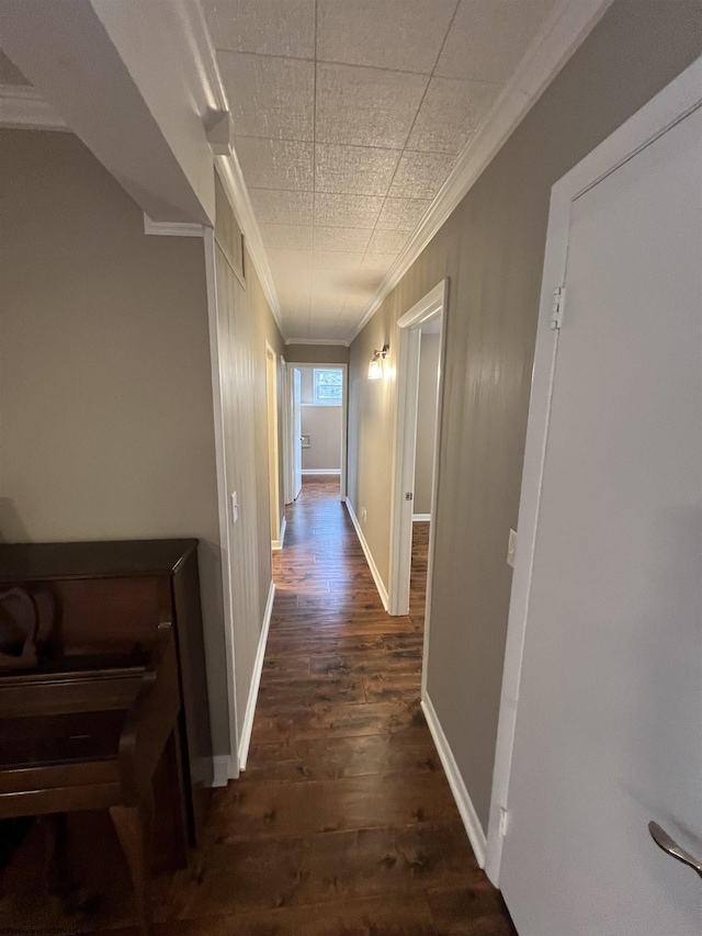 hall featuring crown molding and dark wood-type flooring