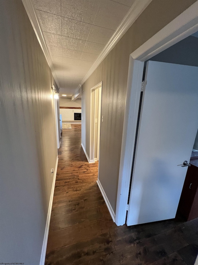 corridor featuring dark hardwood / wood-style flooring and crown molding