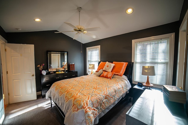 carpeted bedroom featuring recessed lighting, lofted ceiling, and ceiling fan