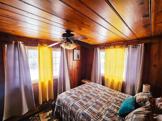 bedroom featuring wooden ceiling and wooden walls