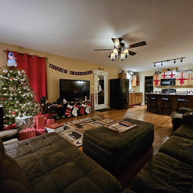 living room with ceiling fan, light wood-type flooring, and track lighting