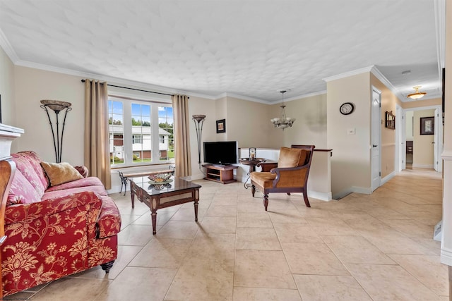 living room with crown molding, light tile patterned floors, and a notable chandelier