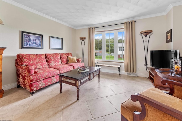 tiled living room featuring crown molding