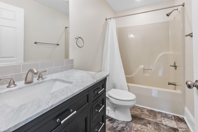 full bathroom with vanity, shower / bath combination with curtain, toilet, and tasteful backsplash