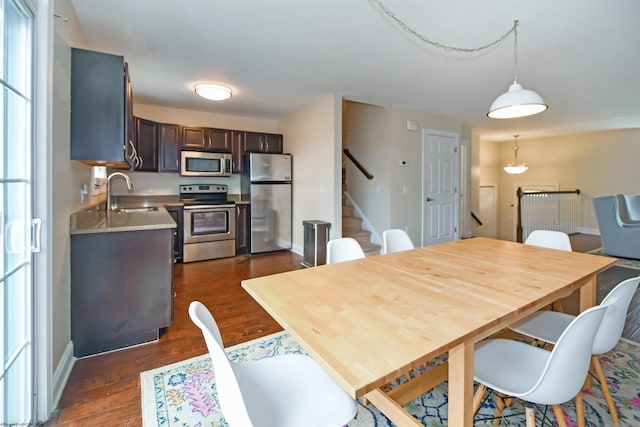 dining space featuring dark hardwood / wood-style flooring and sink